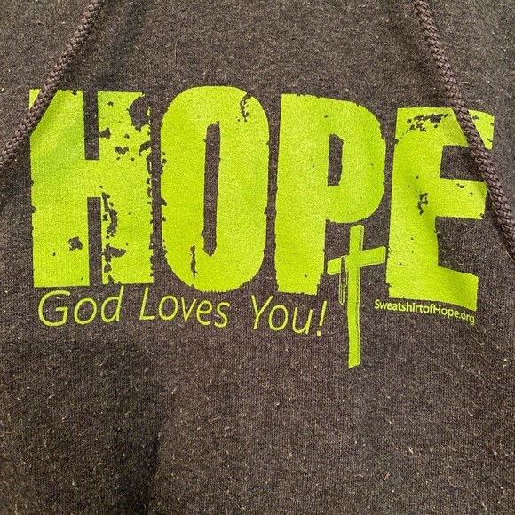 - Like New Dark Gray Womens Hoodie Size Large w/ HOPE, God Loves You Logo - Picture 2 of 7